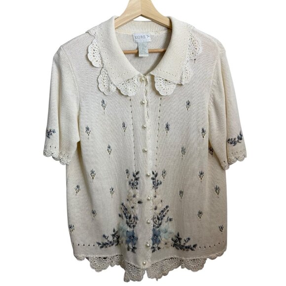 Vintage Dainty Embroidered Floral Crochet Collar Cardigan Cream S Cottagecore - Picture 1 of 8